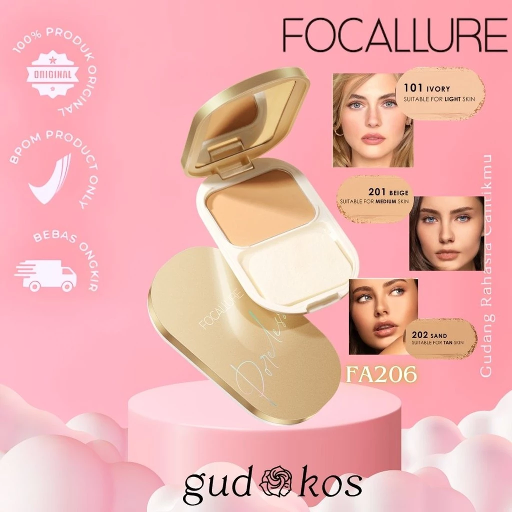 Gudkos FOCALLURE Lasting Poreless Compact Powder Fa 206 Oil-Control | Bedak Padat Tahan air Matte Pressed Powder- Hingga 12 Jam ED 2025